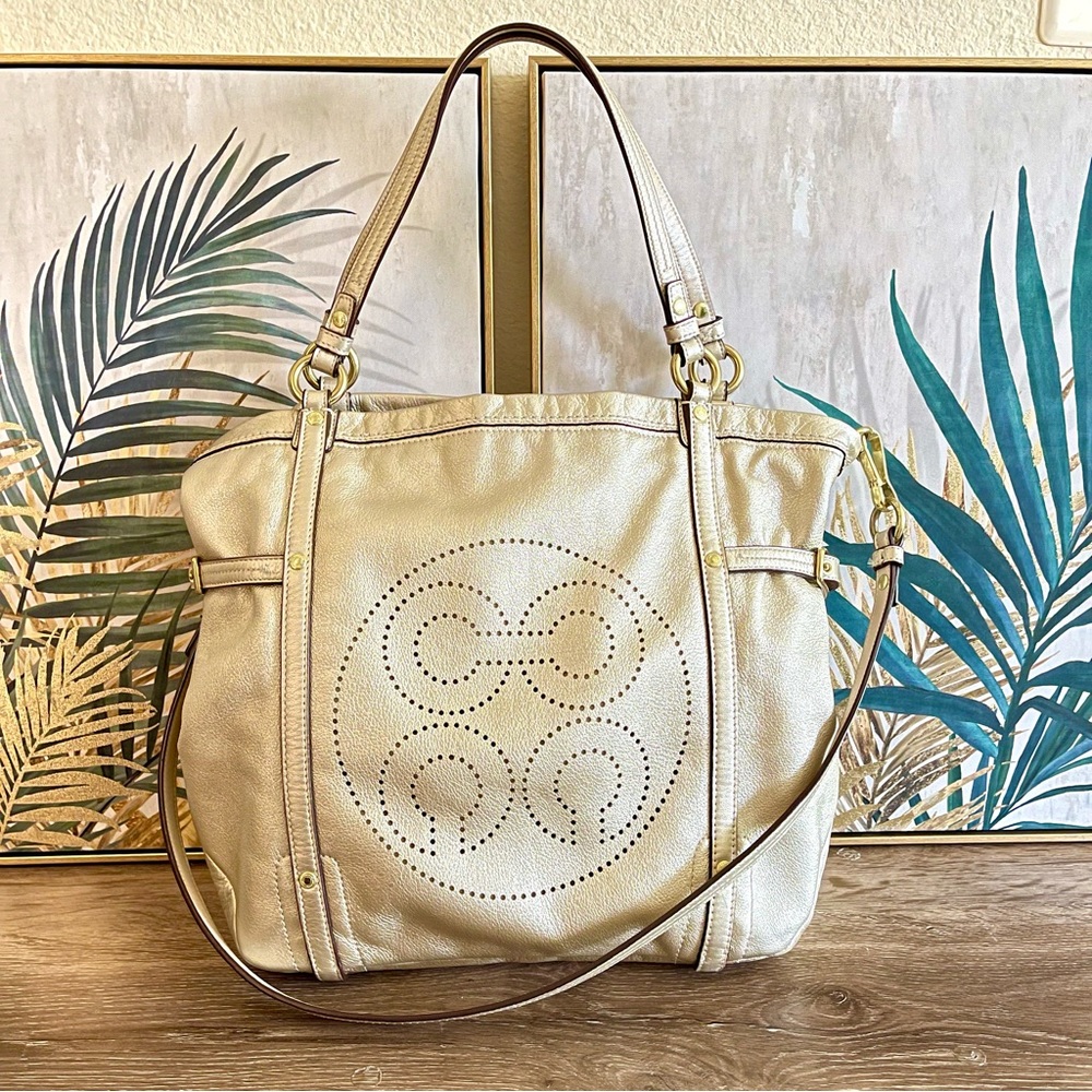 COACH Audrey Andie Yellow-Gold Leather Cinched Tie Perforated Shoulder Bag EUC